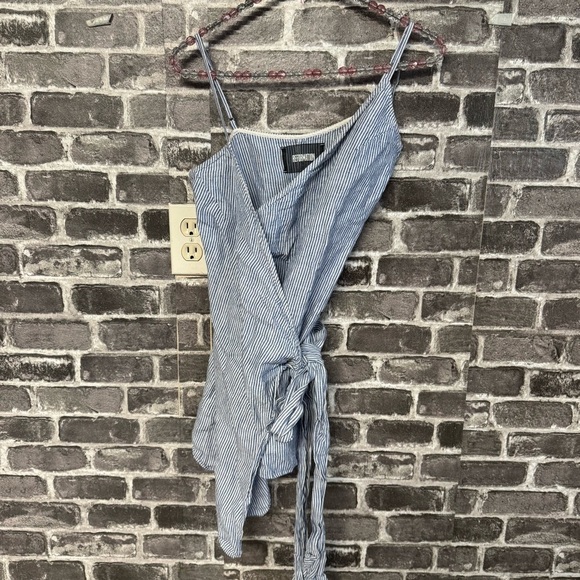 Reformation Angela Linen Wrap Cami Mini Dress Blue Striped Bow Tie - Picture 2 of 11